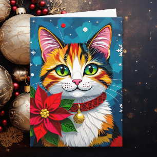 Cartes Pour Fêtes Annuelles Noël personnalisé avec chat et poinsettia