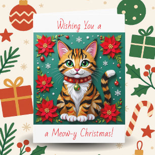 Cartes Pour Fêtes Annuelles Noël personnalisé avec chat et poinsettia