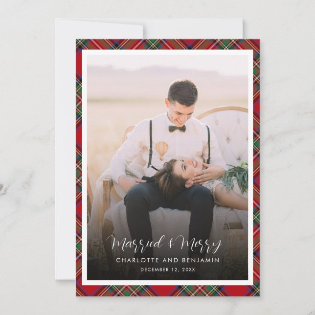 Cartes Pour Fêtes Annuelles Noël photo mariée et Joyeux Tartan (Devant)