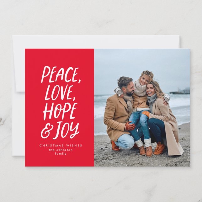 Cartes Pour Fêtes Annuelles Noël photo paix amour joie rouge (Devant)