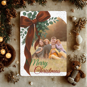 Cartes Pour Fêtes Annuelles Noël Photo Ruban Rouge Élégant avec Verdure