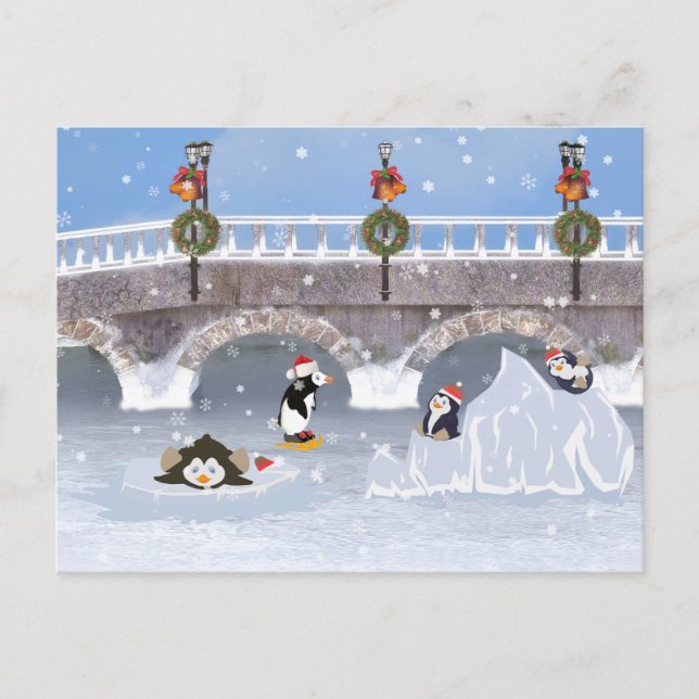 Cartes Pour Fêtes Annuelles Noël, pingouins espiègles sur le lac congelé (Devant)