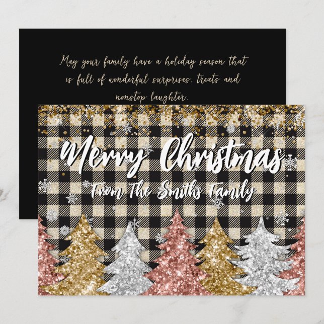 Cartes Pour Fêtes Annuelles Noël Plaid Et Parties scintillant Nom De Famille (Devant / Derrière)