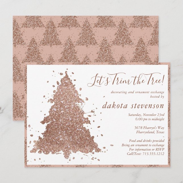 Cartes Pour Fêtes Annuelles Noël posh | Glam Rose Gold Tree Trim Party (Devant / Derrière)
