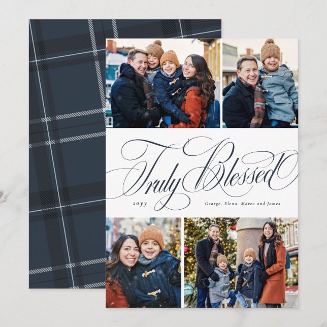 Cartes Pour Fêtes Annuelles Noël religieux quatre photo élégante marine (Devant / Derrière)