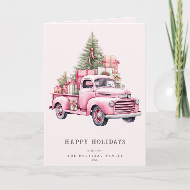 Cartes Pour Fêtes Annuelles Noël Retro Pink Truck Famille/Entreprise (Devant)