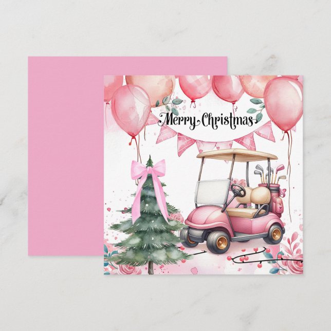 Cartes Pour Fêtes Annuelles Noël rose avec voiturette de golf pour golfeur    (Devant / Derrière)