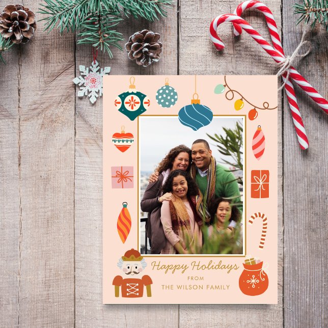 Cartes Pour Fêtes Annuelles Noël rose Ornement mignonne Photo de famille (Créateur téléchargé)