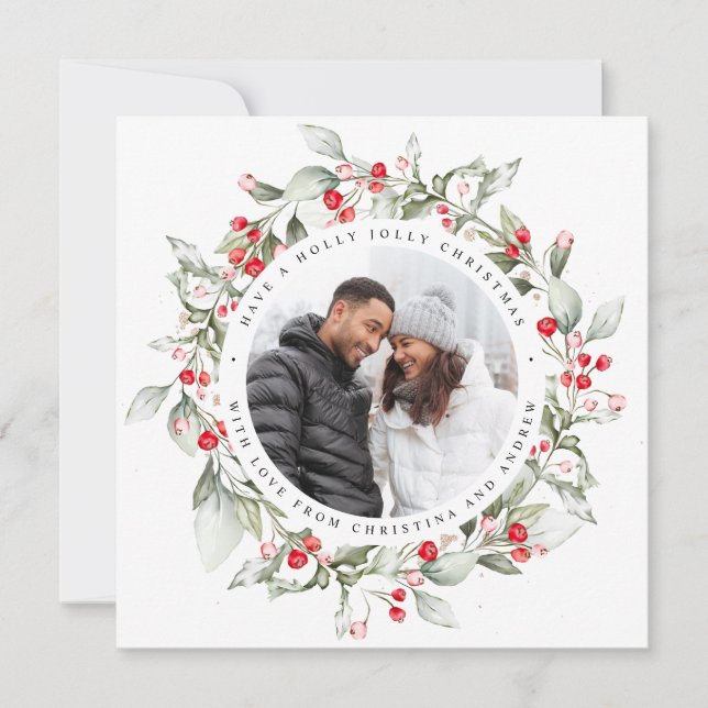 Cartes Pour Fêtes Annuelles Noël Rouge Berry Wreath Floral Photo Carré (Devant)