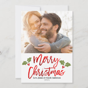 Cartes Pour Fêtes Annuelles Noël Rouge Feuille Moderne Écriture Fête Photo