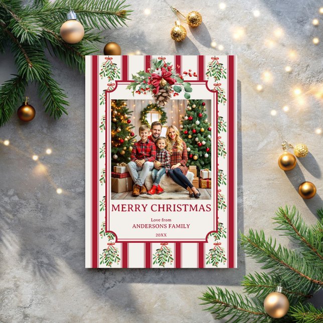Cartes Pour Fêtes Annuelles Noël rouge rétro rayures pin arc photo (Christmas red retro stripes pine bow photo holiday cards template one photo elegant cards)