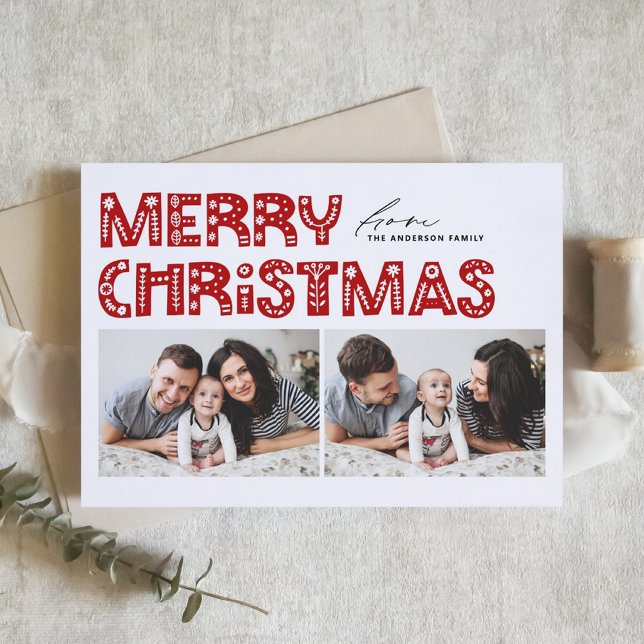 Cartes Pour Fêtes Annuelles Noël Rouge scandinave à deux photos (Créateur téléchargé)