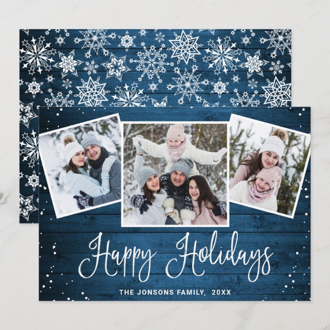 Cartes Pour Fêtes Annuelles Noël Rustic Blue Wood 3 PHOTO Salutation (Devant / Derrière)
