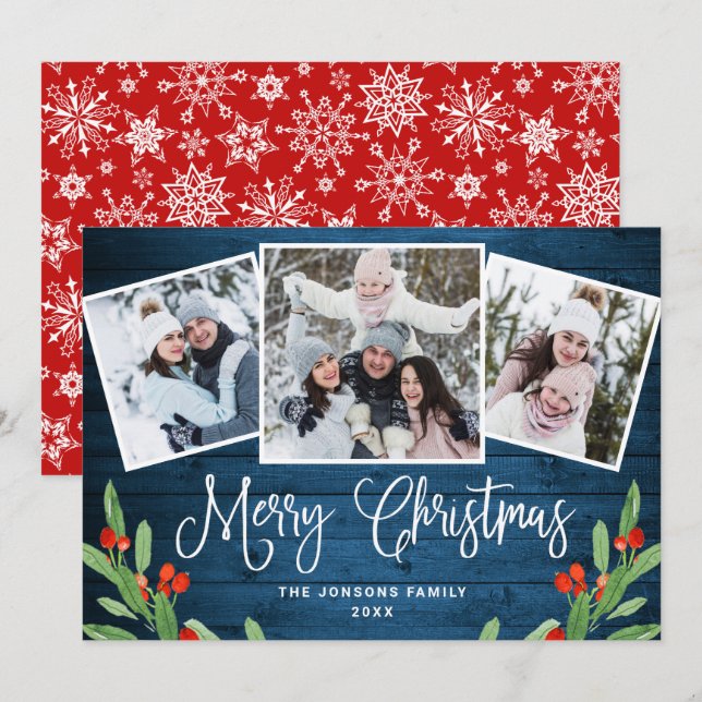 Cartes Pour Fêtes Annuelles Noël Rustic Blue Wood 3 PHOTO Salutation (Devant / Derrière)