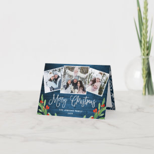 Cartes Pour Fêtes Annuelles Noël Rustic Blue Wood 3 PHOTO Salutation