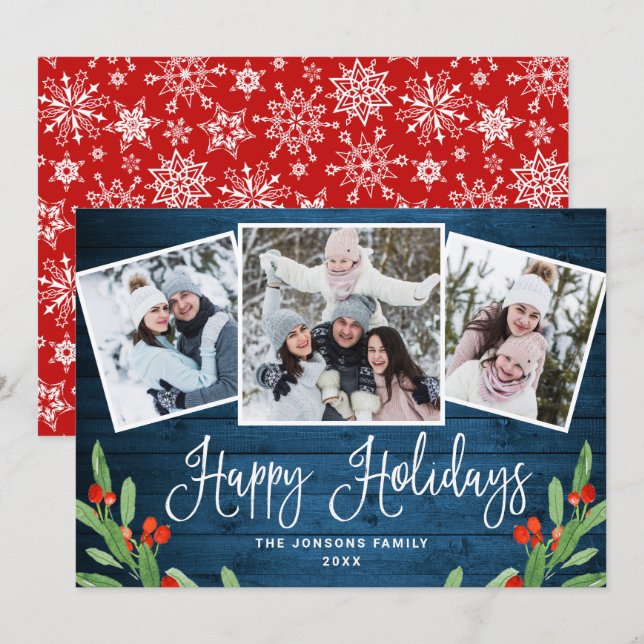 Cartes Pour Fêtes Annuelles Noël Rustic Blue Wood 3 PHOTO Salutation (Devant / Derrière)
