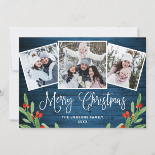 Cartes Pour Fêtes Annuelles Noël Rustic Blue Wood 3 PHOTO Salutation Vacances