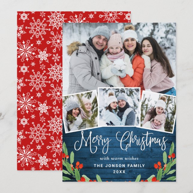 Cartes Pour Fêtes Annuelles Noël Rustic Blue Wood 4 PHOTO Salutation (Devant / Derrière)