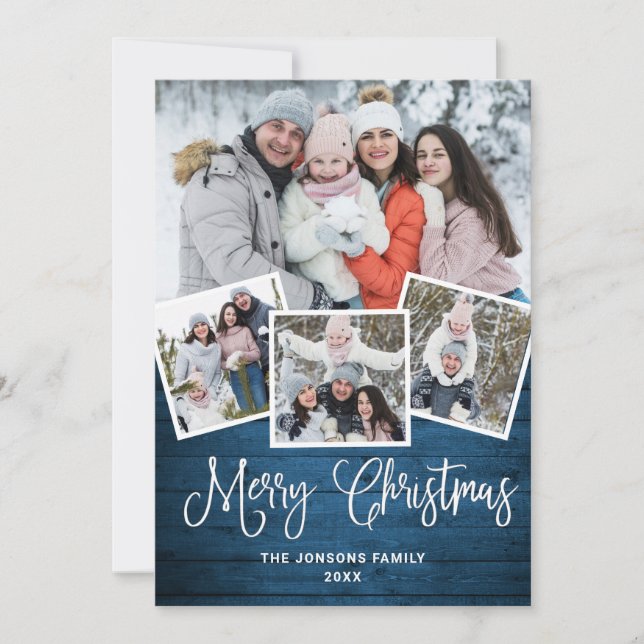Cartes Pour Fêtes Annuelles Noël Rustic Blue Wood 4 PHOTO Salutation (Devant)