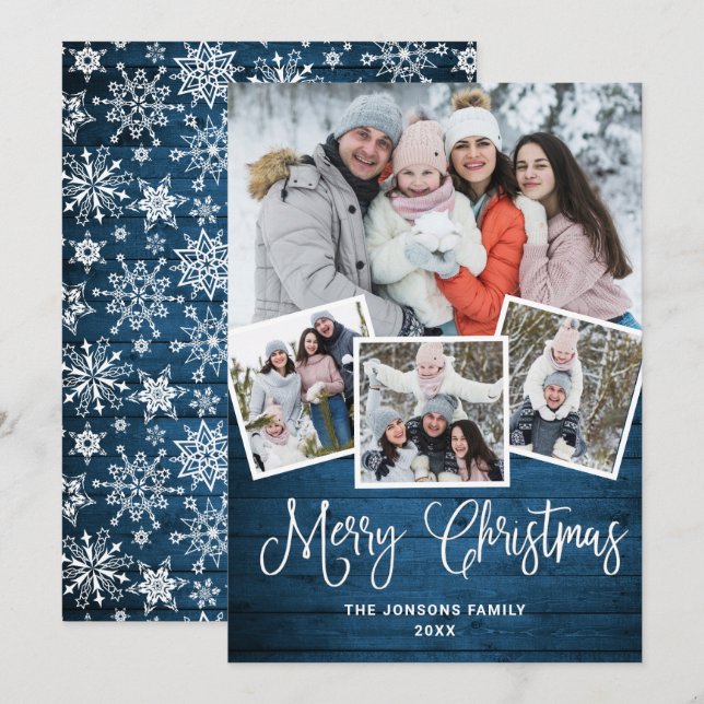 Cartes Pour Fêtes Annuelles Noël Rustic Blue Wood 4 PHOTO Salutation (Devant / Derrière)