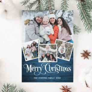 Cartes Pour Fêtes Annuelles Noël Rustic Blue Wood 4 PHOTO Salutation