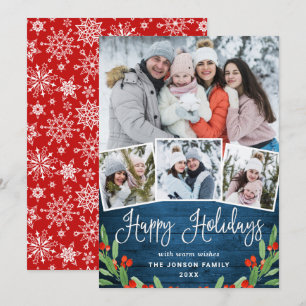 Cartes Pour Fêtes Annuelles Noël Rustic Blue Wood 4 PHOTO Salutation