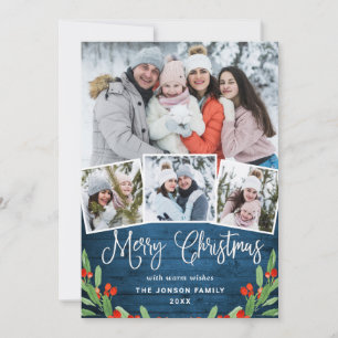 Cartes Pour Fêtes Annuelles Noël Rustic Blue Wood 4 PHOTO Salutation Vacances