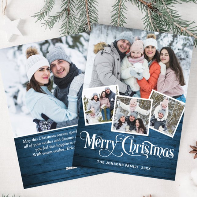 Cartes Pour Fêtes Annuelles Noël Rustic Blue Wood 5 PHOTO Salutation (Créateur téléchargé)