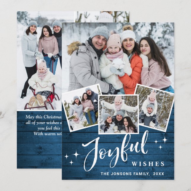 Cartes Pour Fêtes Annuelles Noël Rustic Blue Wood 7 PHOTO Salutation (Devant / Derrière)
