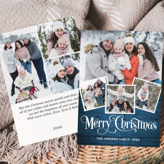 Cartes Pour Fêtes Annuelles Noël Rustic Blue Wood 7 PHOTO Salutation (Créateur téléchargé)