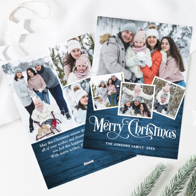 Cartes Pour Fêtes Annuelles Noël Rustic Blue Wood 7 PHOTO Salutation (Créateur téléchargé)