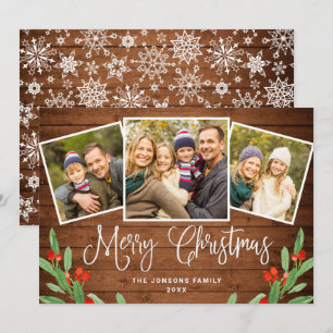 Cartes Pour Fêtes Annuelles Noël Rustic Brown Wood 3 PHOTO Salutation