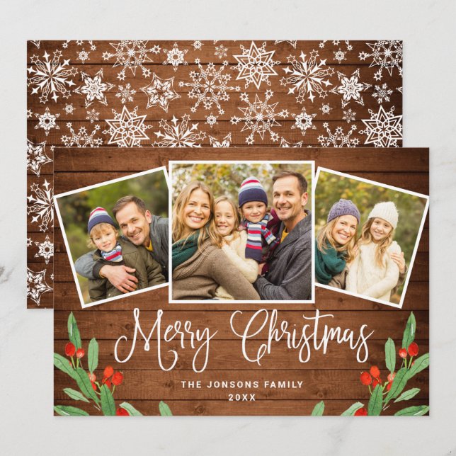 Cartes Pour Fêtes Annuelles Noël Rustic Brown Wood 3 PHOTO Salutation (Devant / Derrière)