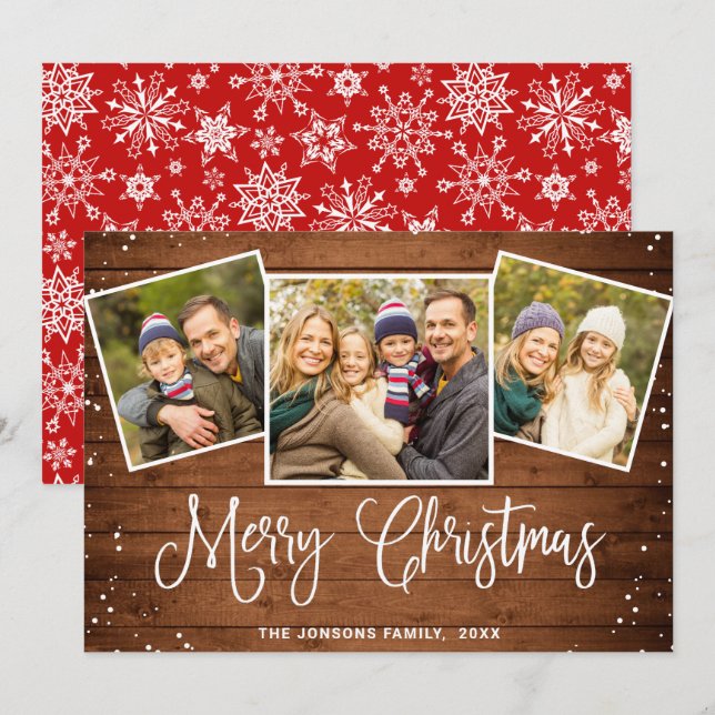 Cartes Pour Fêtes Annuelles Noël Rustic Brown Wood 3 PHOTO Salutation (Devant / Derrière)