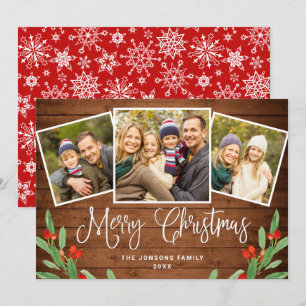 Cartes Pour Fêtes Annuelles Noël Rustic Brown Wood 3 PHOTO Salutation