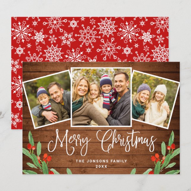 Cartes Pour Fêtes Annuelles Noël Rustic Brown Wood 3 PHOTO Salutation (Devant / Derrière)