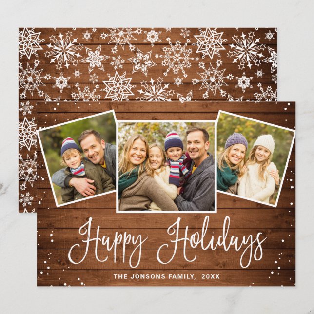 Cartes Pour Fêtes Annuelles Noël Rustic Brown Wood 3 PHOTO Salutation (Devant / Derrière)