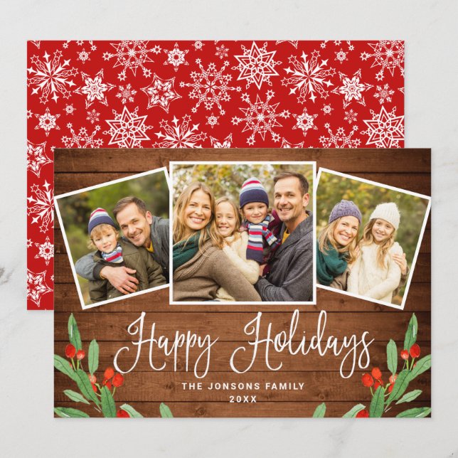 Cartes Pour Fêtes Annuelles Noël Rustic Brown Wood 3 PHOTO Salutation (Devant / Derrière)