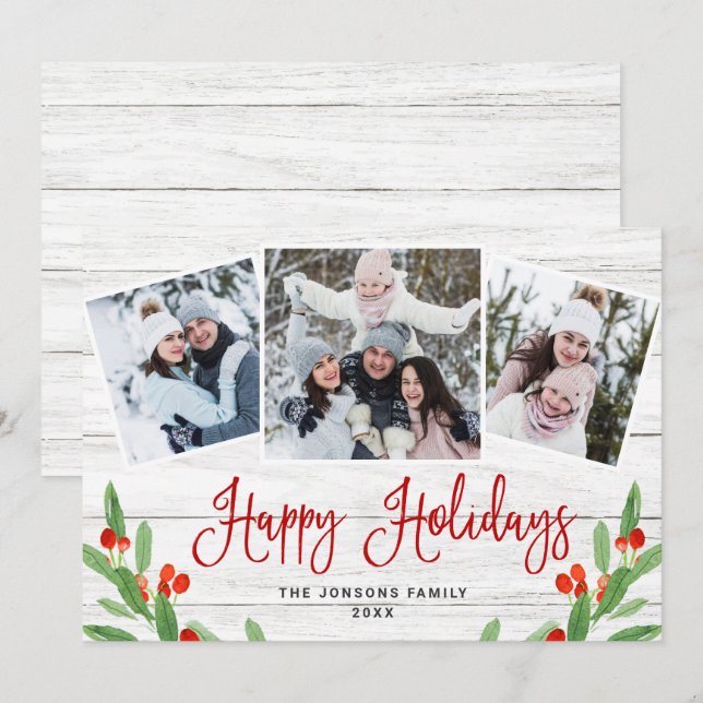 Cartes Pour Fêtes Annuelles Noël Rustic White Wood 3 PHOTO Salutation (Devant / Derrière)