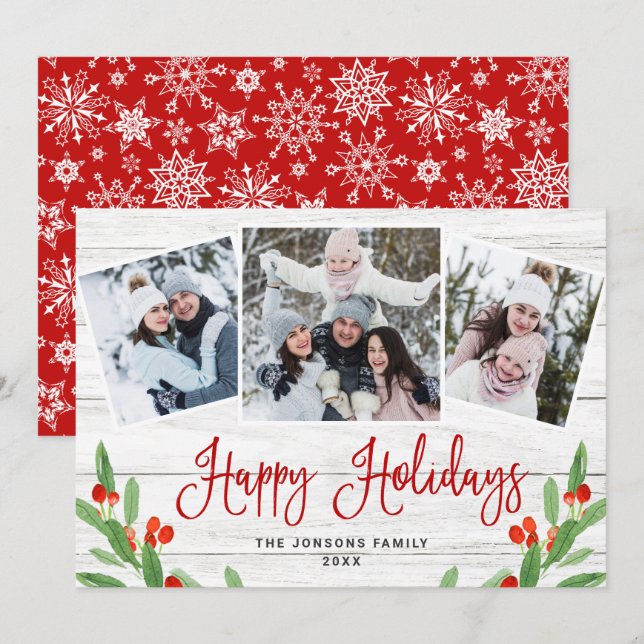 Cartes Pour Fêtes Annuelles Noël Rustic White Wood 3 PHOTO Salutation (Devant / Derrière)