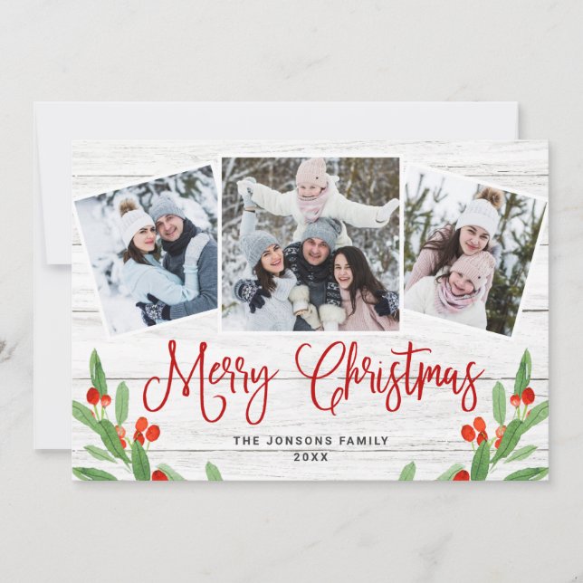 Cartes Pour Fêtes Annuelles Noël Rustic White Wood 3 PHOTO Salutation (Devant)