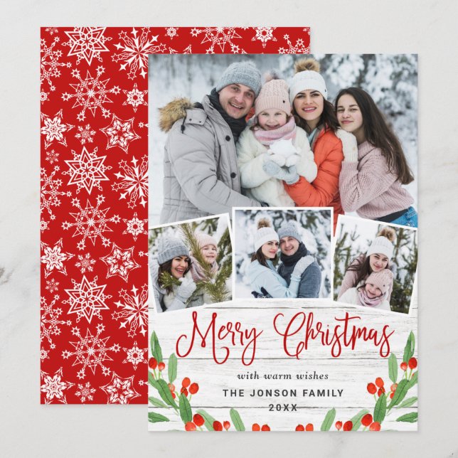 Cartes Pour Fêtes Annuelles Noël Rustic White Wood 4 PHOTO Salutation (Devant / Derrière)