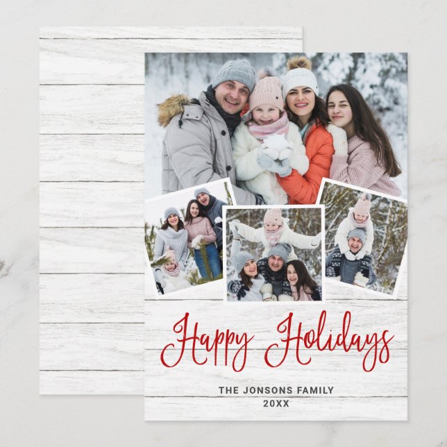 Cartes Pour Fêtes Annuelles Noël Rustic White Wood 4 PHOTO Salutation (Devant / Derrière)