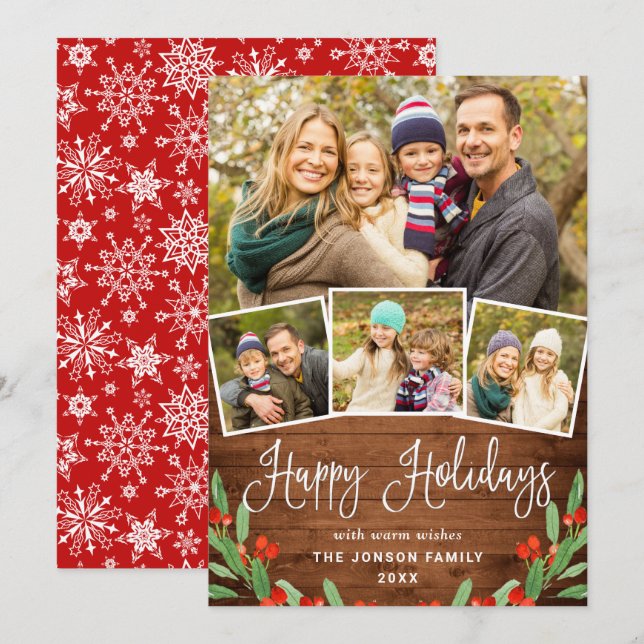 Cartes Pour Fêtes Annuelles Noël Rustique bois Brown 4 PHOTO Salutation (Devant / Derrière)
