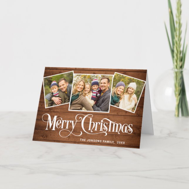 Cartes Pour Fêtes Annuelles Noël Rustique Bois Brown 4 PHOTO Salutation Boho (Devant)