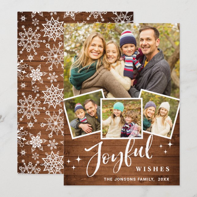 Cartes Pour Fêtes Annuelles Noël Rustique Brown Boho Wood 4 PHOTO Salutation (Devant / Derrière)