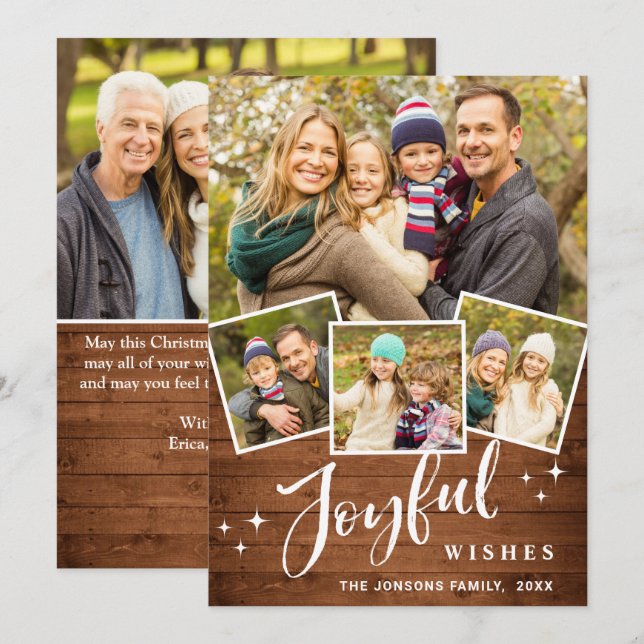 Cartes Pour Fêtes Annuelles Noël Rustique Brown Boho Wood 5 PHOTO Salutation (Devant / Derrière)