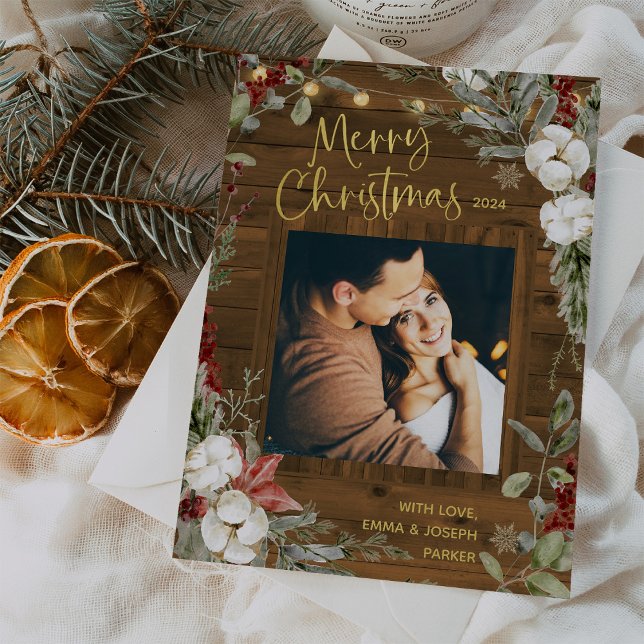 Cartes Pour Fêtes Annuelles Noël rustique Brown | Floral et photo d'hiver (Créateur téléchargé)