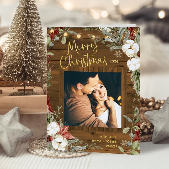 Cartes Pour Fêtes Annuelles Noël rustique Brown | Floral et photo d'hiver (Créateur téléchargé)