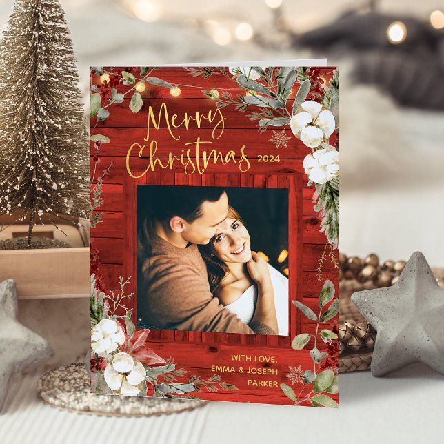 Cartes Pour Fêtes Annuelles Noël rustique rouge | Floral et photo d'hiver (Créateur téléchargé)